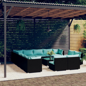 14 Piece Patio Lounge Set with Cushions Black Poly Rattan A949-3102865