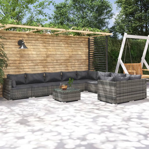 10 Piece Patio Lounge Set with Cushions Poly Rattan Gray A949-3102773