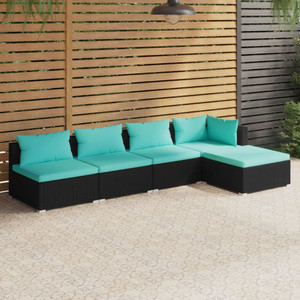  5 Piece Patio Lounge Set with Cushions Poly Rattan Black A949-3101625