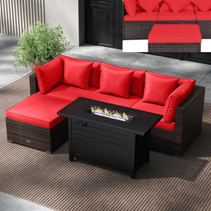 Heavy-duty Frame Rattan Sofa Set with 60000 BTU Firepit Table-Red B593-OP70370+HW66750+