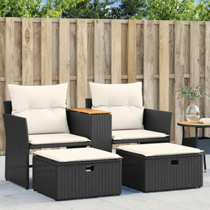  Patio Sofa 2-Seater with Stools Black Poly Rattan A949-365803