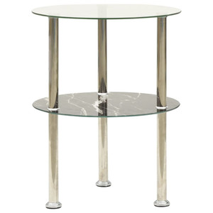  2-Tier Side Table Transparent & Black Marble 15" Tempered Glass A949-322789