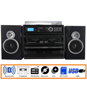 Trexonic 3-Speed Vinyl Turntable Home Stereo System with CD Player, Dual Cassette Player, Bluetooth D970-TRX-811BS