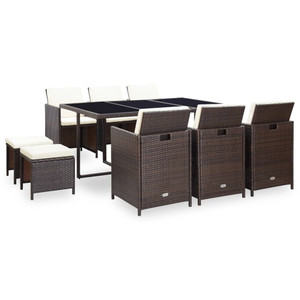 11 Piece Patio Dining Set with Cushions Poly Rattan Brown A949-42527