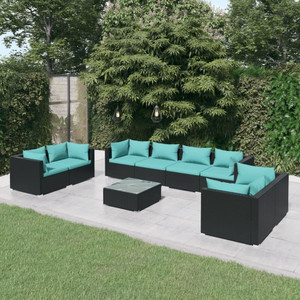 9 Piece Patio Lounge Set with Cushions Poly Rattan Black A949-3102289