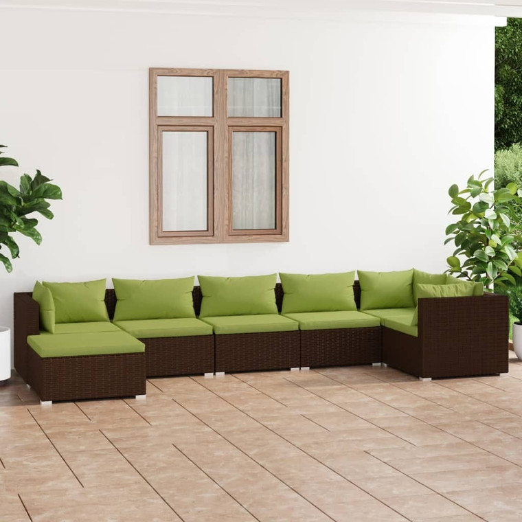 7 Piece Patio Lounge Set with Cushions Poly Rattan Brown A949-3101828