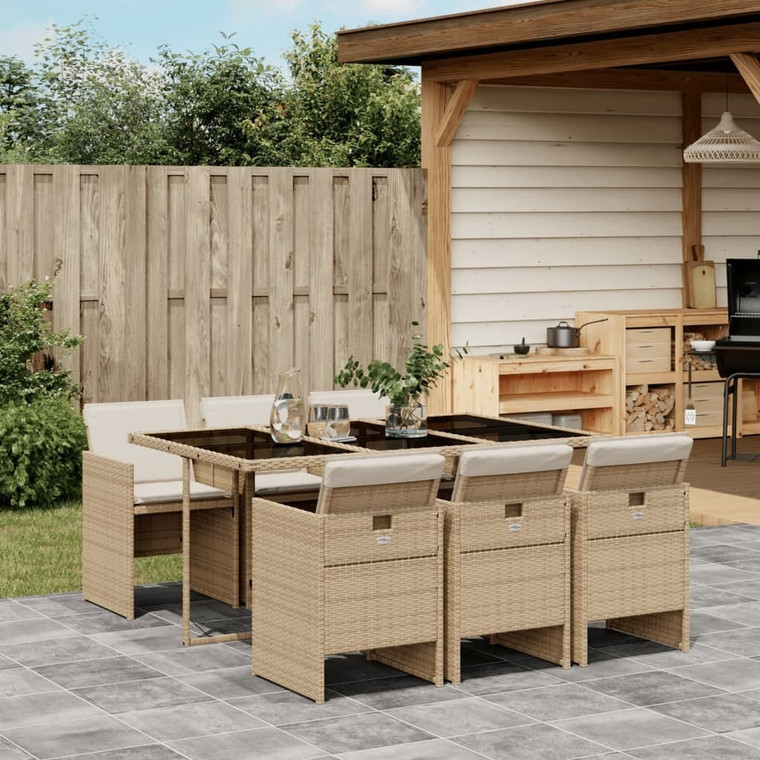 7 Piece Patio Dining Set with Cushions Beige Poly Rattan A949-3277677