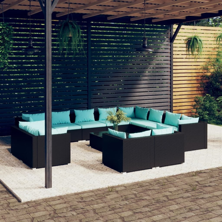 13 Piece Patio Lounge Set with Cushions Black Poly Rattan A949-3102897