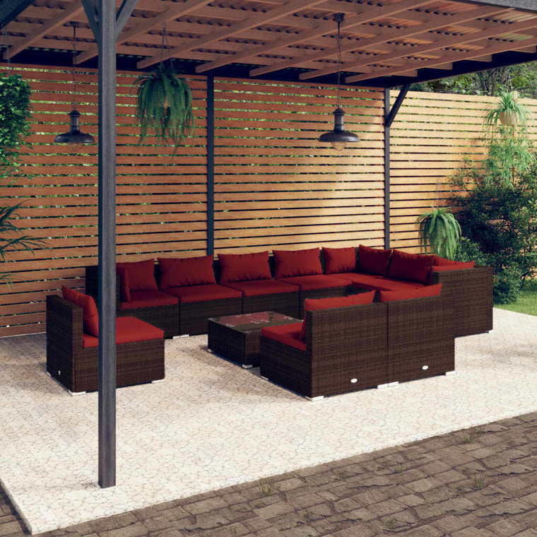 11 Piece Patio Lounge Set with Cushions Poly Rattan Brown A949-3102603