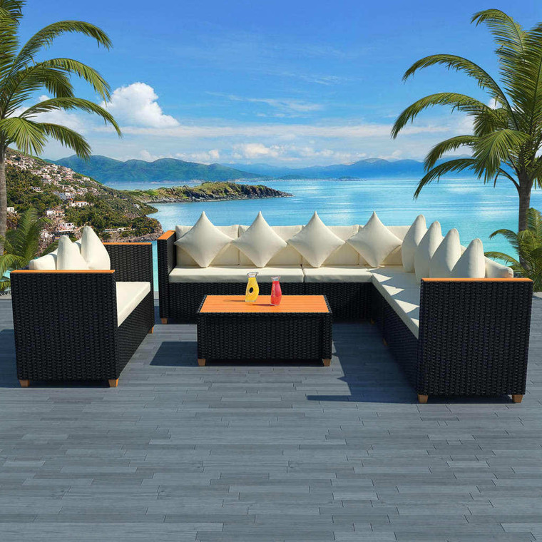 6 Piece Patio Lounge Set with Cushions Poly Rattan Black A949-42996