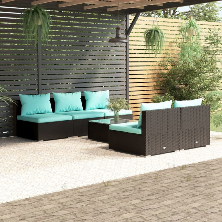 6 Piece Patio Lounge Set with Cushions Poly Rattan Black A949-3101449