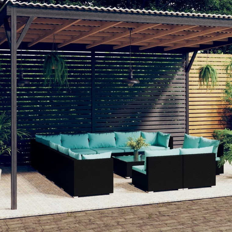 14 Piece Patio Lounge Set with Cushions Black Poly Rattan A949-3102865