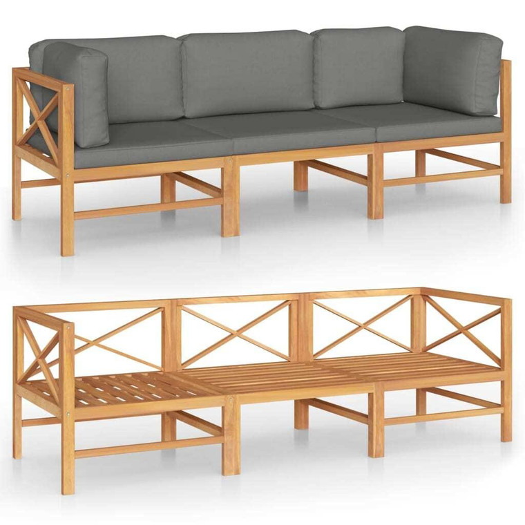 3-Seater Patio Sofa with Gray Cushions Solid Teak Wood A949-3087209