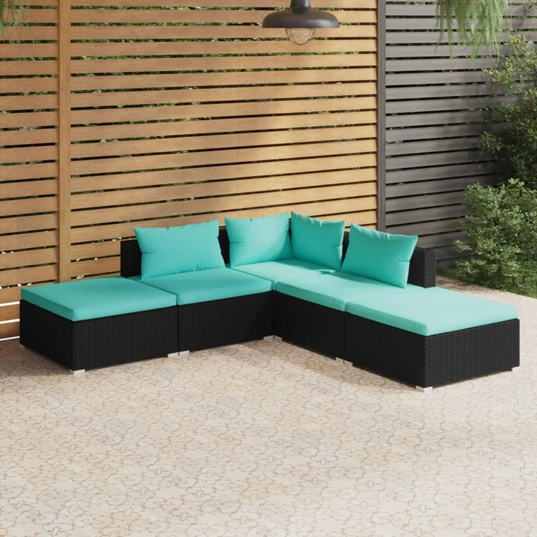  5 Piece Patio Lounge Set with Cushions Poly Rattan Black A949-3101609