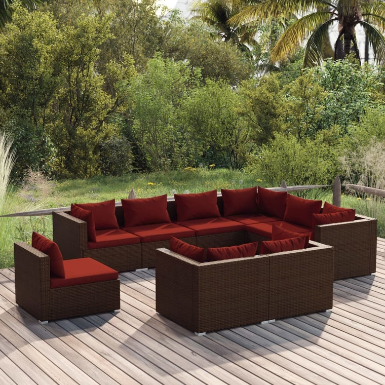 9 Piece Patio Lounge Set with Cushions Poly Rattan Brown A949-3102643