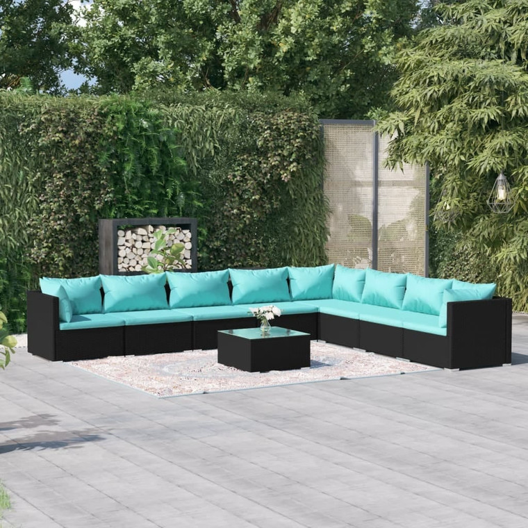  9 Piece Patio Lounge Set with Cushions Poly Rattan Black A949-3101777