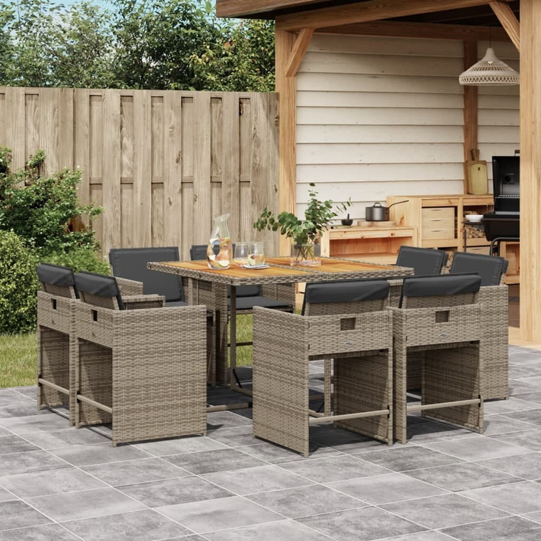  9 Piece Patio Dining Set with Cushions Gray Poly Rattan A949-3277969