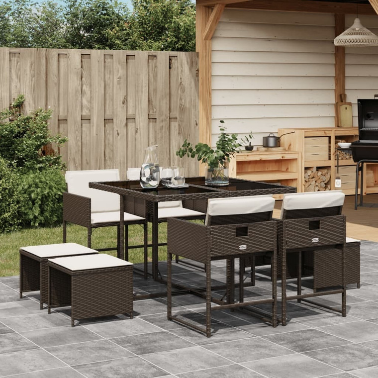  9 Piece Patio Dining Set with Cushions Brown Poly Rattan A949-3278084