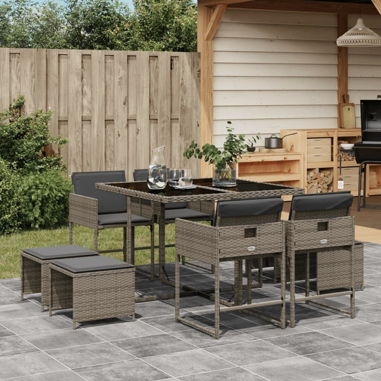  9 Piece Patio Dining Set with Cushions Gray Poly Rattan A949-3278083