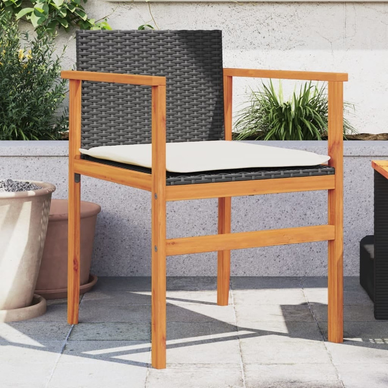  Patio Chairs with Cushions 2 pcs Black Poly Rattan&Solid Wood A949-368711