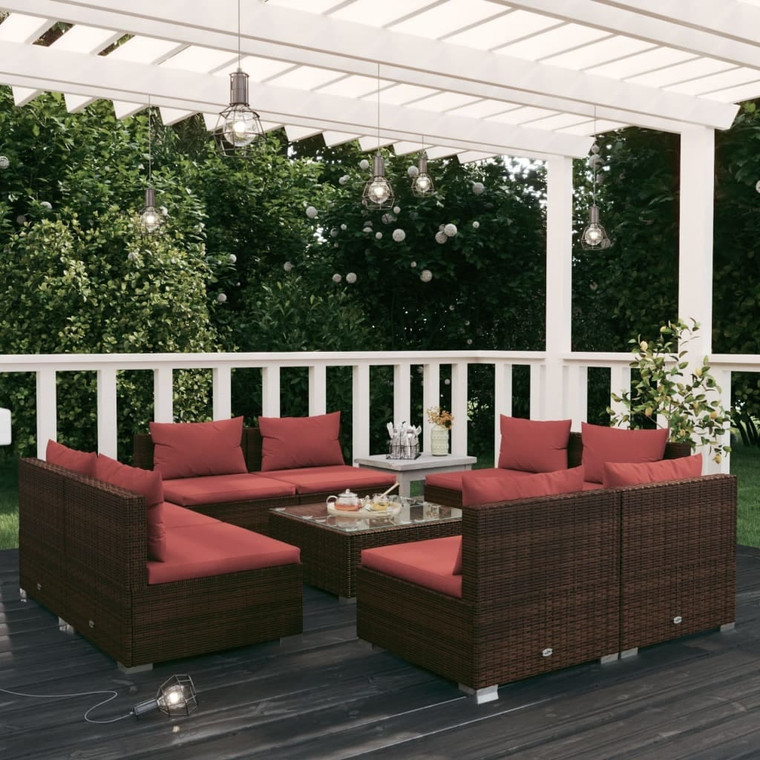  9 Piece Patio Lounge Set with Cushions Poly Rattan Brown A949-3101547