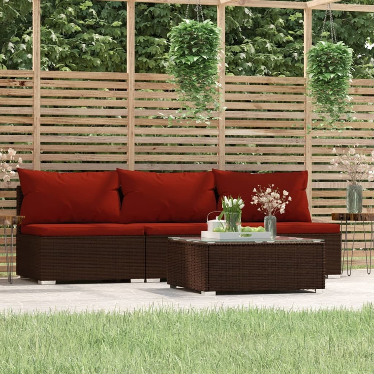  4 Piece Patio Lounge Set with Cushions Brown Poly Rattan A949-317551