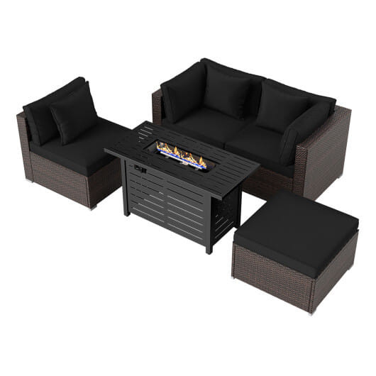 Heavy-duty Frame Rattan Sofa Set with 60000 BTU Firepit Table-Black - Color: Black D681-OP70370+HW66750ADK+