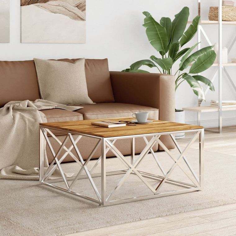  Coffee Table Silver Stainless Steel and Solid Wood Acacia A949-349975