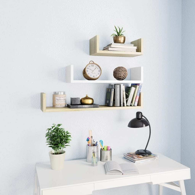  Wall Display Shelf 3 pcs White and Sonoma Oak Engineered Wood A949-800203