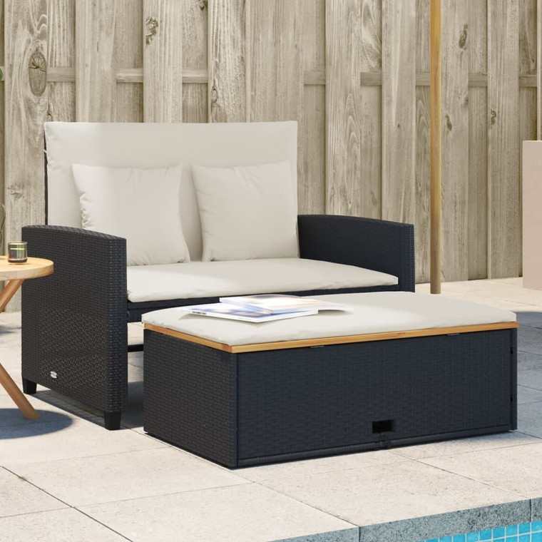  Patio Sofa with Cushions 2-Seater Black Poly Rattan&Acacia Wood A949-365141
