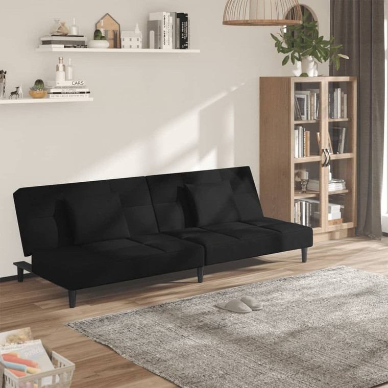  2-Seater Sofa Bed with Two Pillows Black Velvet A949-375812