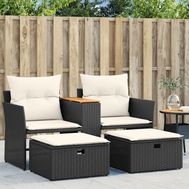 Patio Sofa 2-Seater with Stools Black Poly Rattan A949-365803