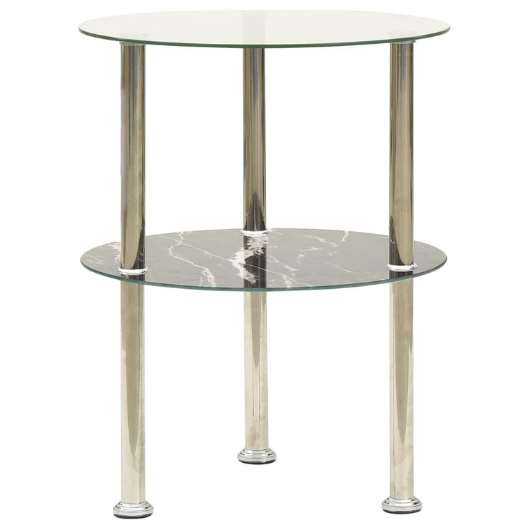  2-Tier Side Table Transparent & Black Marble 15" Tempered Glass A949-322789