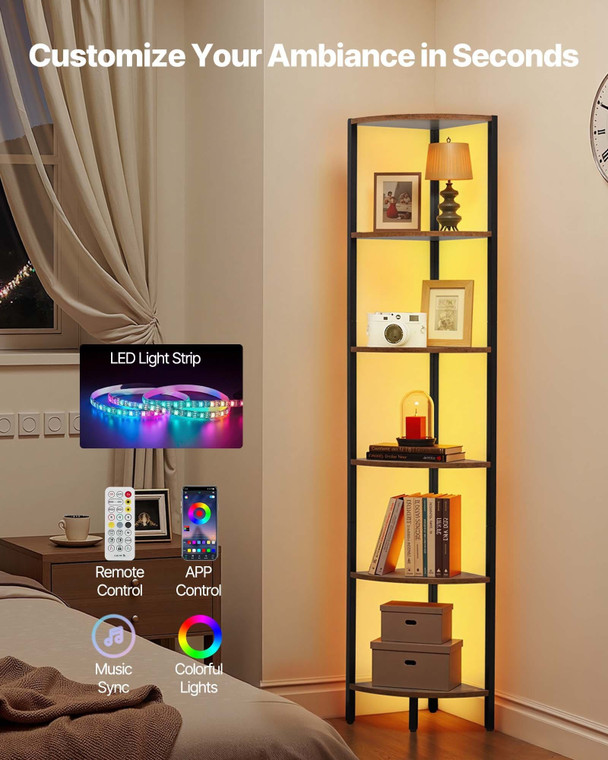 6 Tier Corner Shelf with LED Light, 68" Tall Corner Bookshelf with Storage Shelves for Collectibles E415-ZLSZJSNJTMK60HWF0001V9