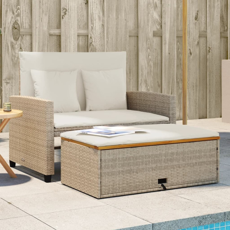  Patio Sofa with Cushions 2-Seater Beige Poly Rattan&Acacia Wood A949-365143