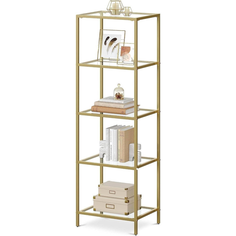 Narrow Gold Metal Frame Glass Shelves Shelving Unit Slim 4-Shelf Bookcase Q280-VFTBGLD79863520