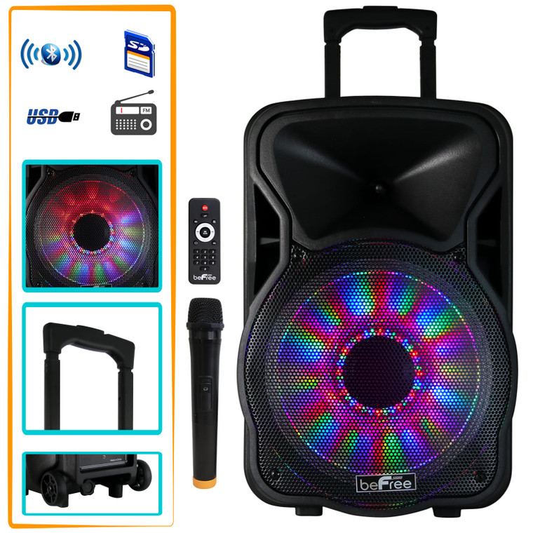 beFree Sound 12 Inch 2500 Watt Bluetooth Rechargeable Portable Party PA Speaker with Illuminating L D970-BFS-4400
