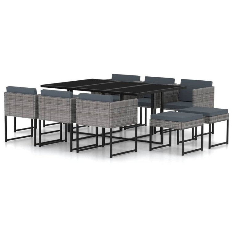 11 Piece Patio Dining Set with Cushions Poly Rattan Gray A949-313101
