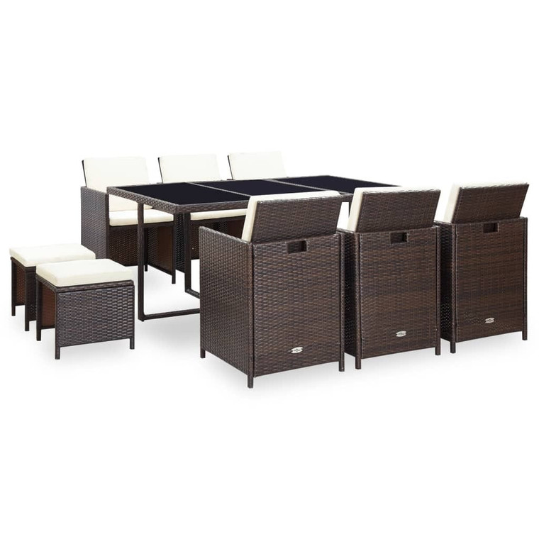 11 Piece Patio Dining Set with Cushions Poly Rattan Brown A949-42527