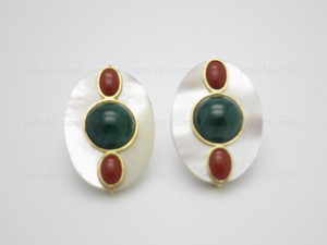 18x26mm Mother of Pearl, Malachite Earring With 14k 585 Gold Setting [e3267]