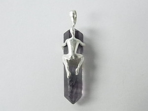 925 Sterling Silver 45mm Fluorite Healing Crystal Point Pendant [e320]