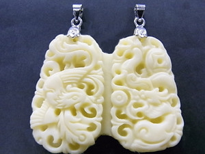 35x42mm Buffalo Bone Fine Carved Dragon & Phoenix Pendant [e2011]