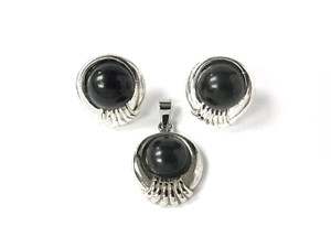925 Sterling Silver 18mm Black Onyx Pendant & Earring [e1168]