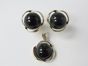 925 Sterling Silver Gold Plated 18mm Black Onyx Post Earring & Pendant [e465]