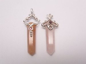925 Sterling Silver 42mm Rose Quartz, Aventurine & Garnet Healing Crystal Point Pendant 2pcs. [e1273]
