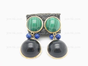 13-16mm Black Onyx, Malachite, Lapis Earring With 14k 585 Gold Setting [e3258]
