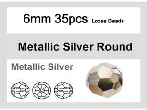 6mm Metallic Silver Crystal Faceted Round Loose Beads 35pcs. [iuc7b16]