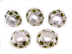 10x6mm Peridot Crystal Euro Beads Zinc Silver 5mm Hole 5pcs. [y238d]