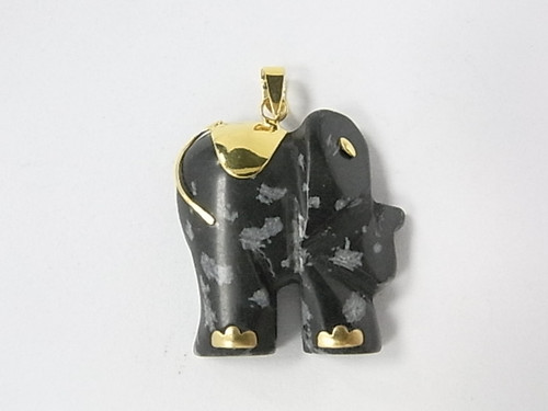 925 Sterling Silver Gold Plated 25mm Snowflake Obsidian Elephant Pendant [e1614]