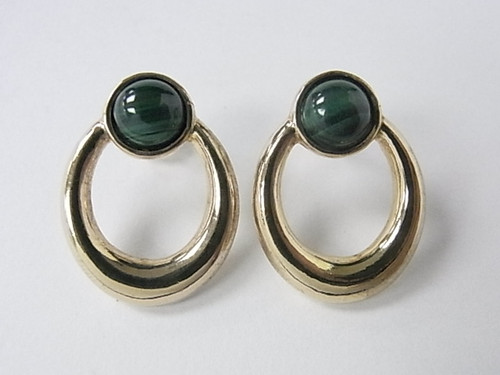 925 Sterling Silver Gold Plated 20x25mm A Grade Green Malachite Earring [e486]